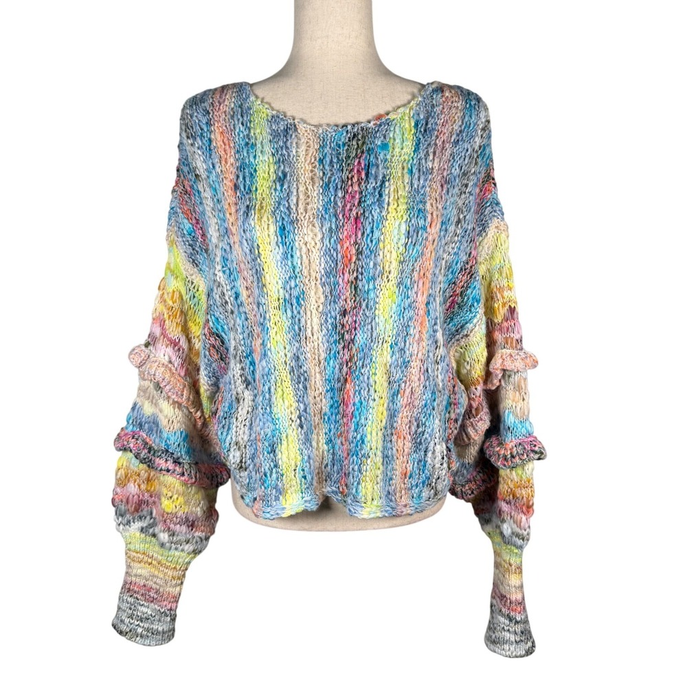 Boho Oversized Slouchy Knit Sweater Tiered Balloon Ruffle Sleeves Cozy Chunky